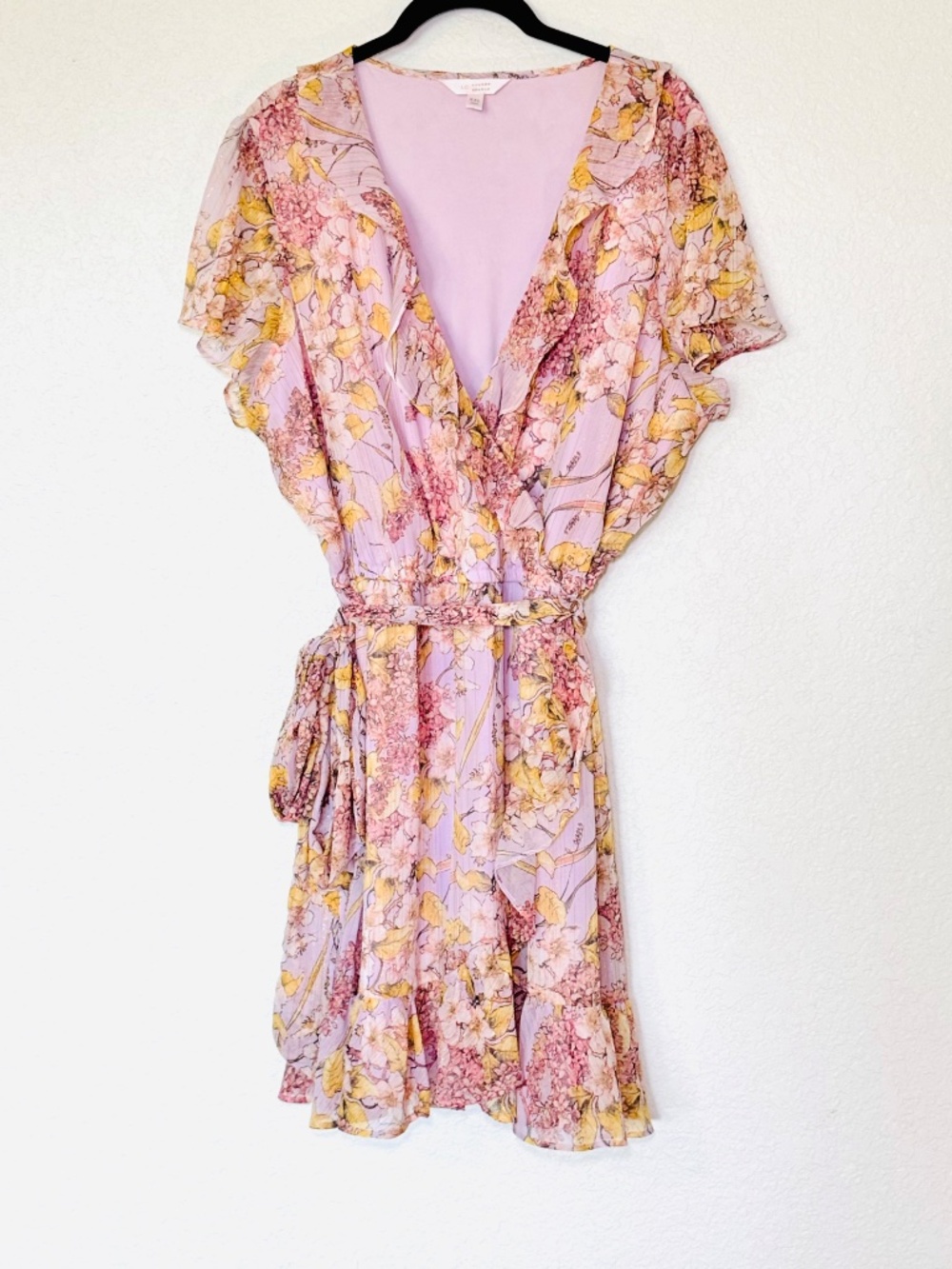 LC Lauren Conrad Dress XXL Ruffle Neck Flutter Pink Floral Romantic Feminine - Picture 2 of 9
